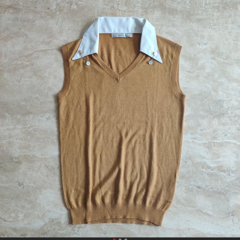 Womens Vintage Gold Thin Sweater Vest, Built In Collar